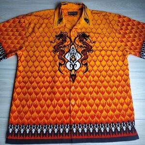 Dragonfly Orange Flying Dragons Tribal Button Shirt sz Large